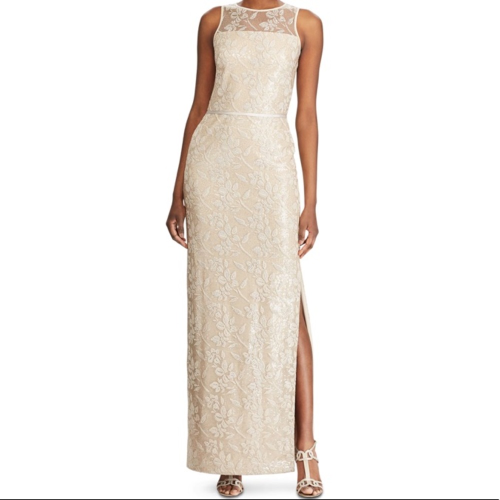 Lauren Ralph Lauren‎ Embroidered Sequins Sleeveless Champagne MaXi Dress NWT 12